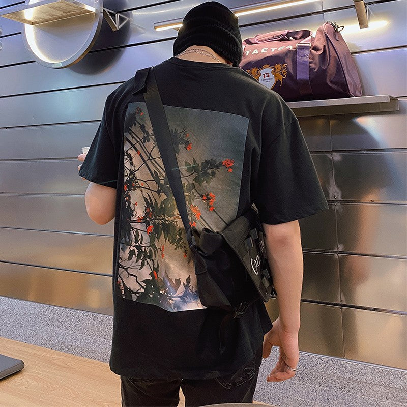 Double Line Floral Print Couple Graphic T-Shirts
