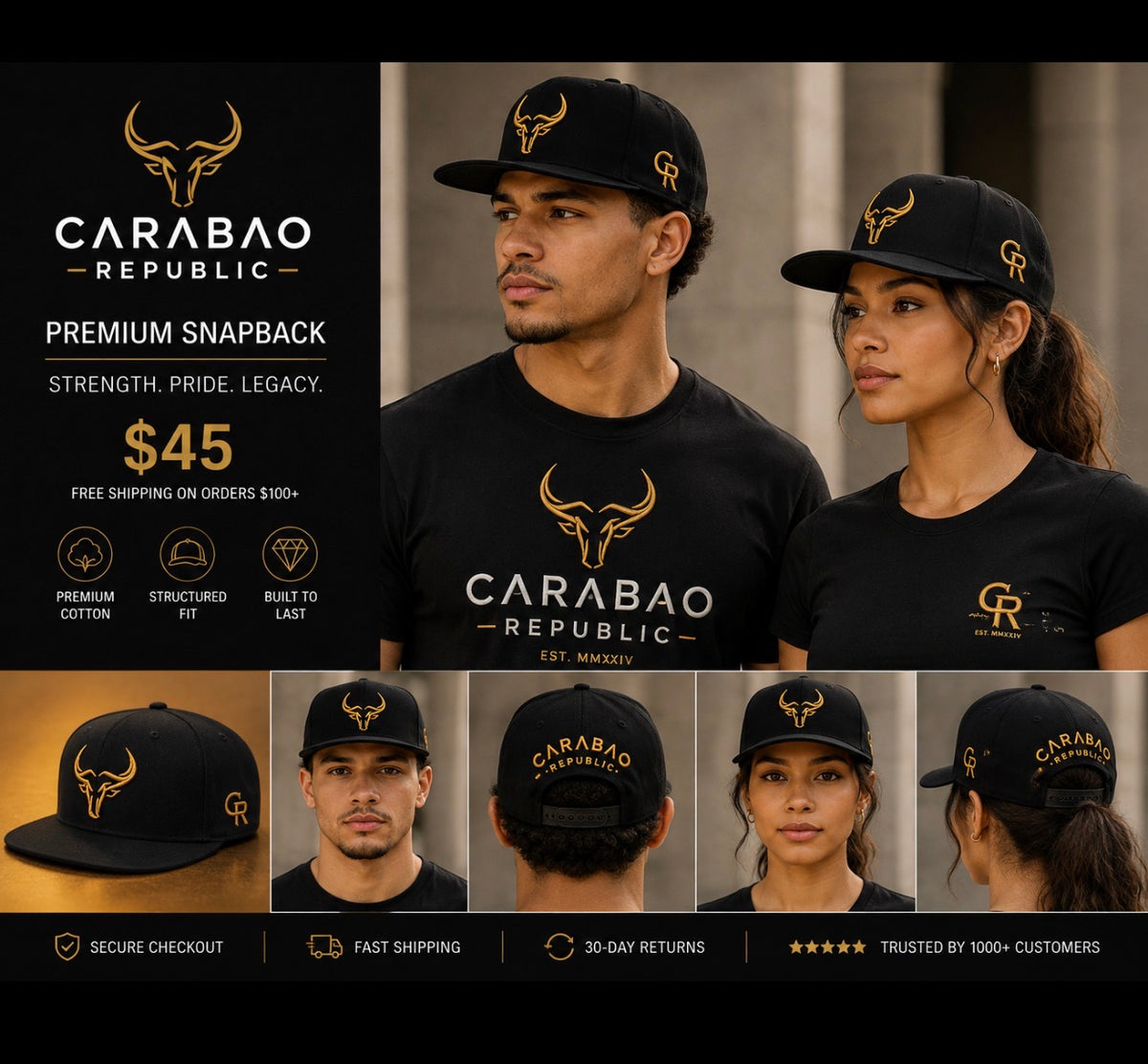 Carabao Republic Heritage Horns Snapback – Black & Gold